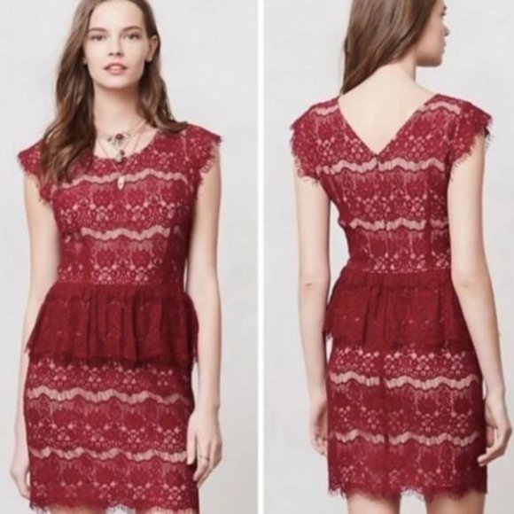 Maeve Dresses & Skirts - Maeve by Anthropologie Womens Elsa Wine Burgundy Lace Peplum Dress Medium Cotton